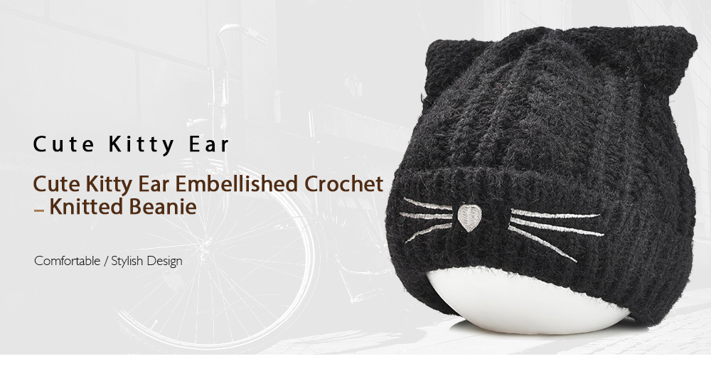 Cute Kitty Ear Embellished Crochet Knitted Beanie