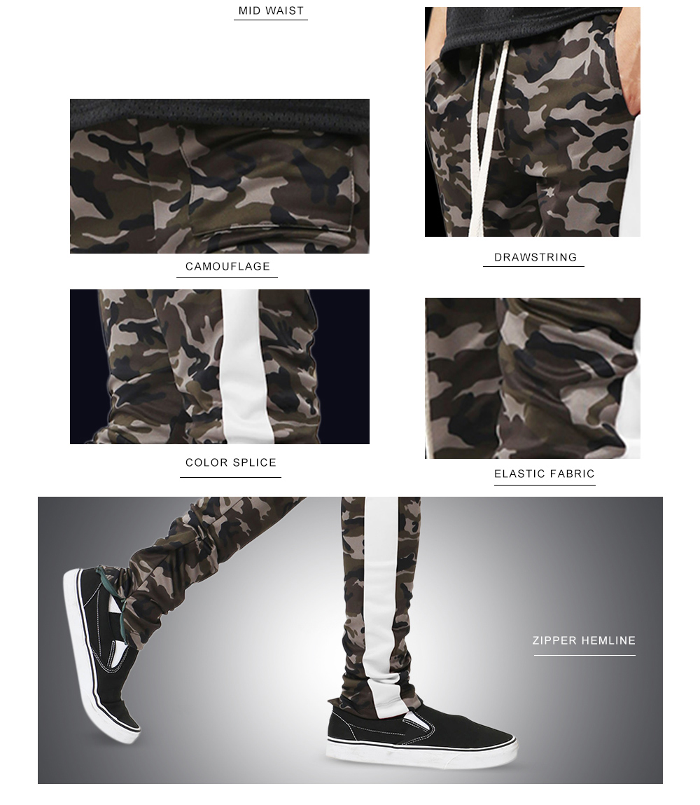 Men's Slim Sports Camouflage Print Color Splice Foot Zipper Casual Pants