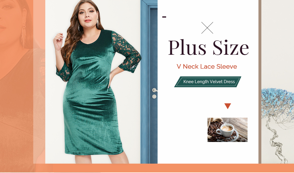 Lace Sleeve Plus Size Knee Length Velvet Dress