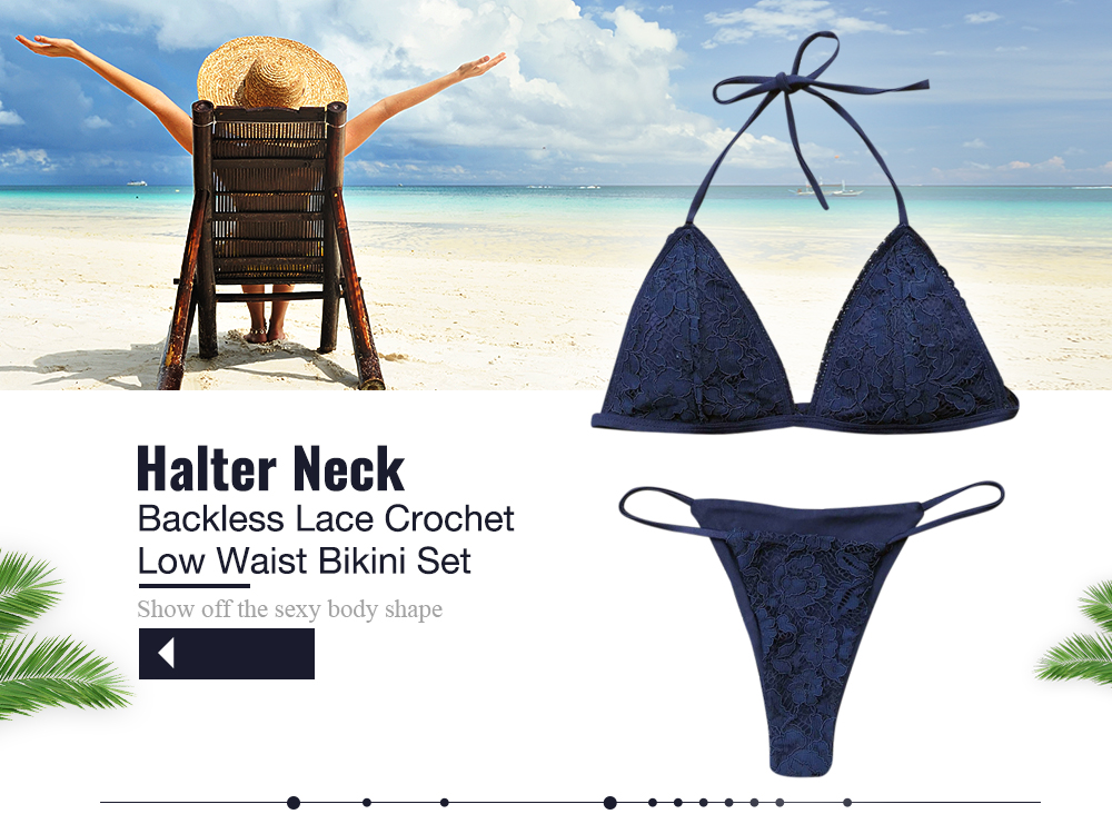 Halter Neck Backless Padded Lace Crochet Tied Low Waist Women Bikini Set