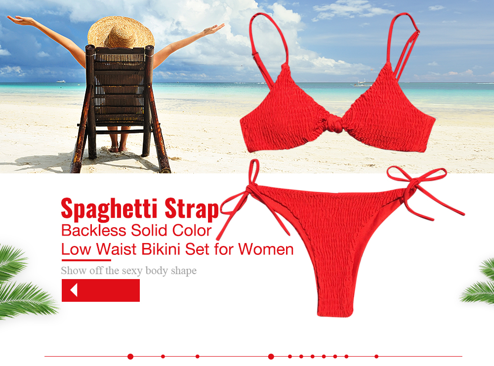 Spaghetti Strap Backless Padded Solid Color Tied Low Waist Women Bikini Set