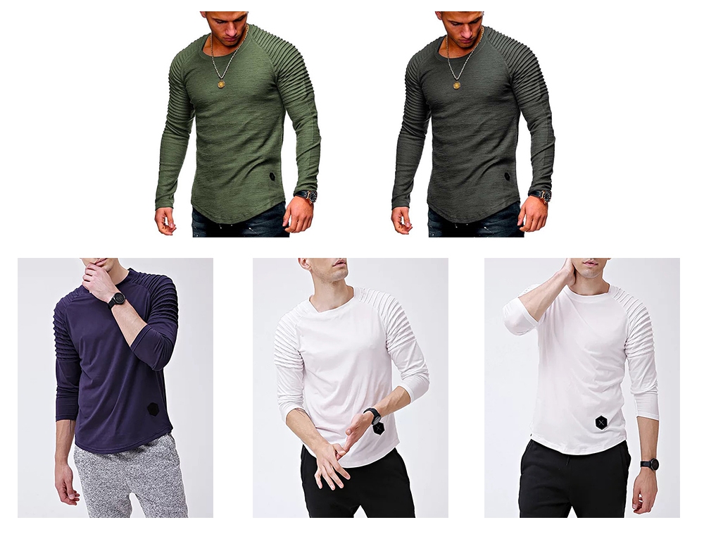 Solid Color Sleeve Pleated Patch Detail Long Sleeve T-shirt