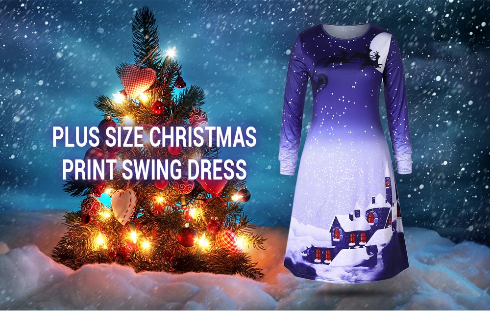 Plus Size Snowflake House Print Christmas Dress