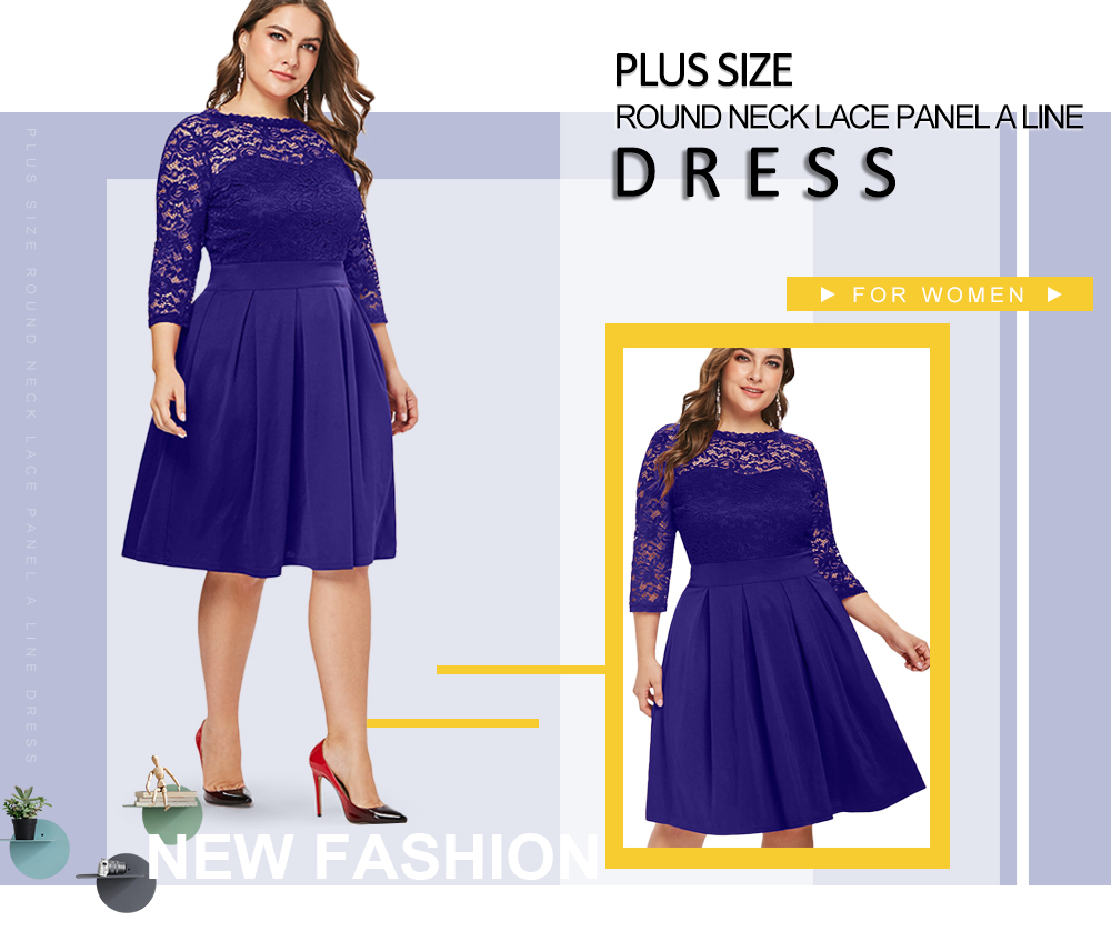 Plus Size Round Neck Lace Panel A Line Dress