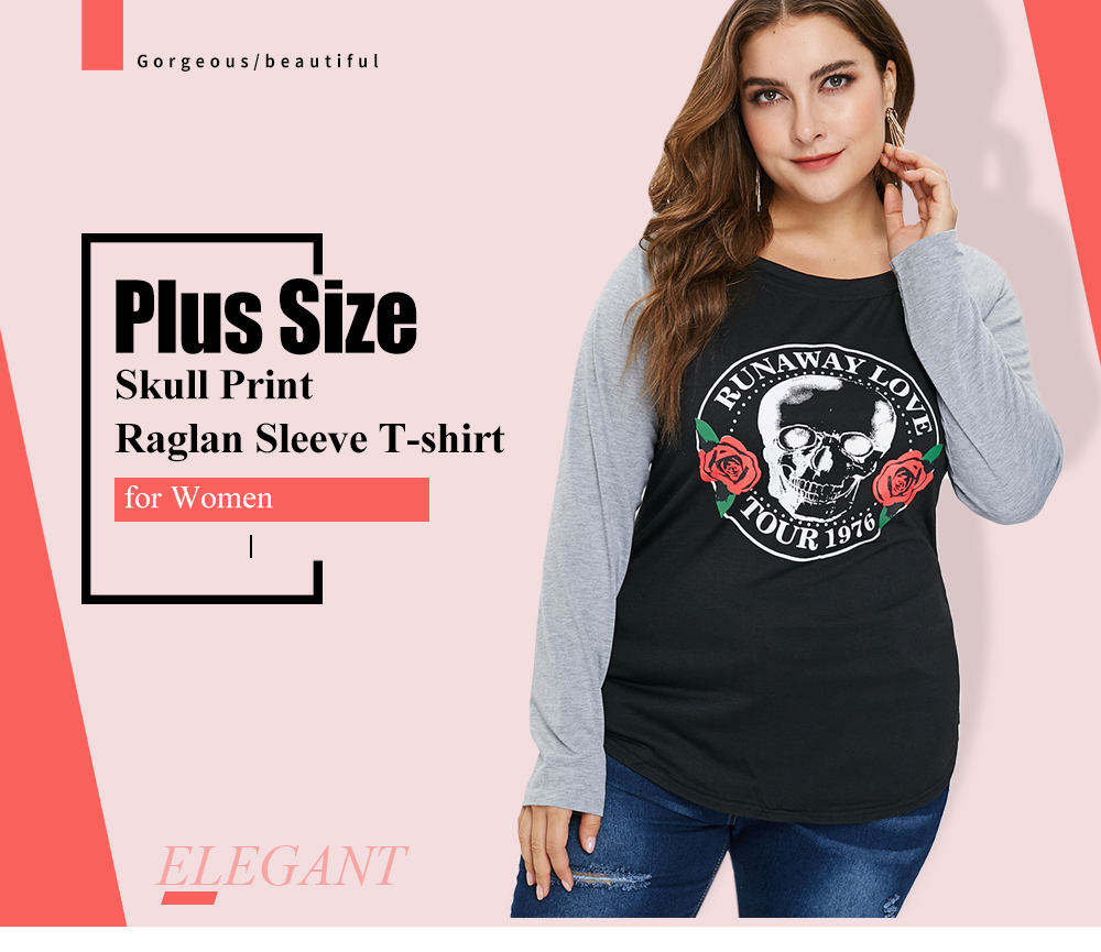Plus Size Skull Print Raglan Sleeve T-shirt
