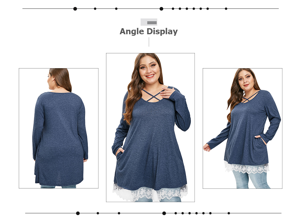 Plus Size Lace Panel Criss Cross Long Sleeves Tee