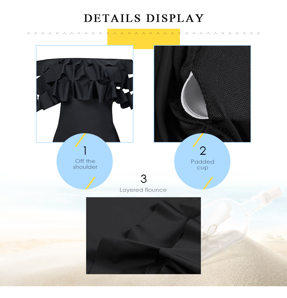 Off The Shoulder Layered Flounce Padded Solid Color Women Swimsuit