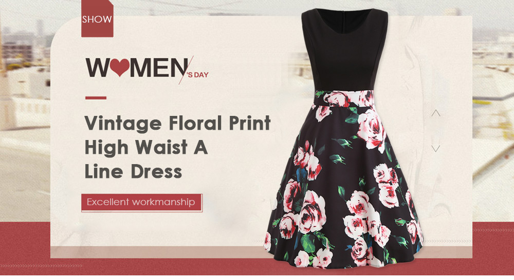Vintage Floral Print High Waist A Line Dress