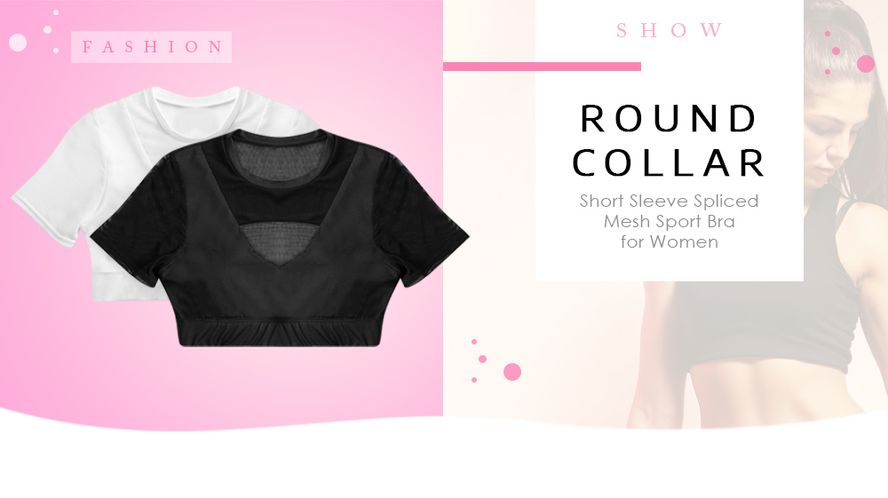 Round Collar Short Sleeve Spliced Mesh Cut Out Padded Crop Top Women Sport Bra