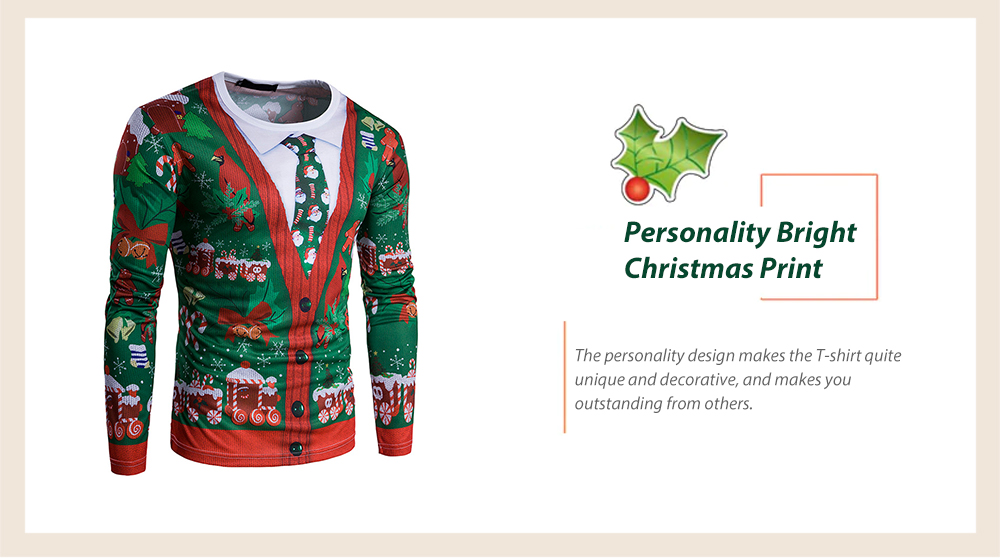 Men's T-shirt Christmas Pattern Round Neck Long Sleeve