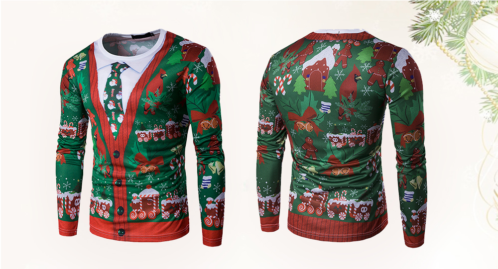 Men's T-shirt Christmas Pattern Round Neck Long Sleeve
