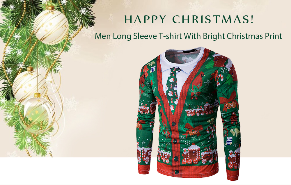Men's T-shirt Christmas Pattern Round Neck Long Sleeve