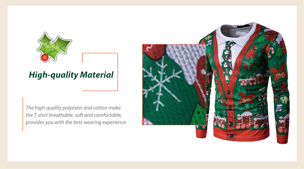 Men's T-shirt Christmas Pattern Round Neck Long Sleeve
