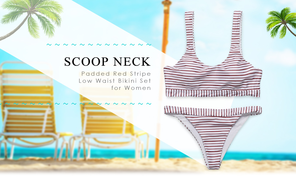 Scoop Neck Backless Padded Red Stripe Low Waist Women Bikini Set