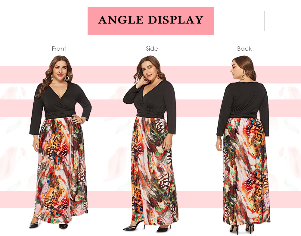 Plunge Neck Long Sleeve Spliced Colorful Print Plus Size Women Maxi Dress