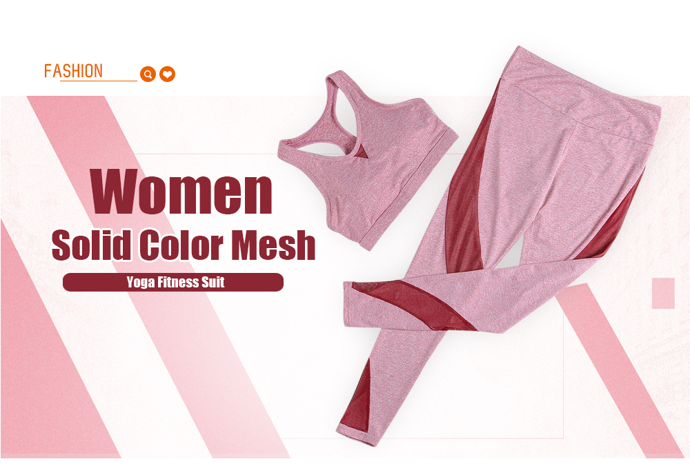 Women Solid Color Two Piece Splice Mesh Yoga Fitness Suit