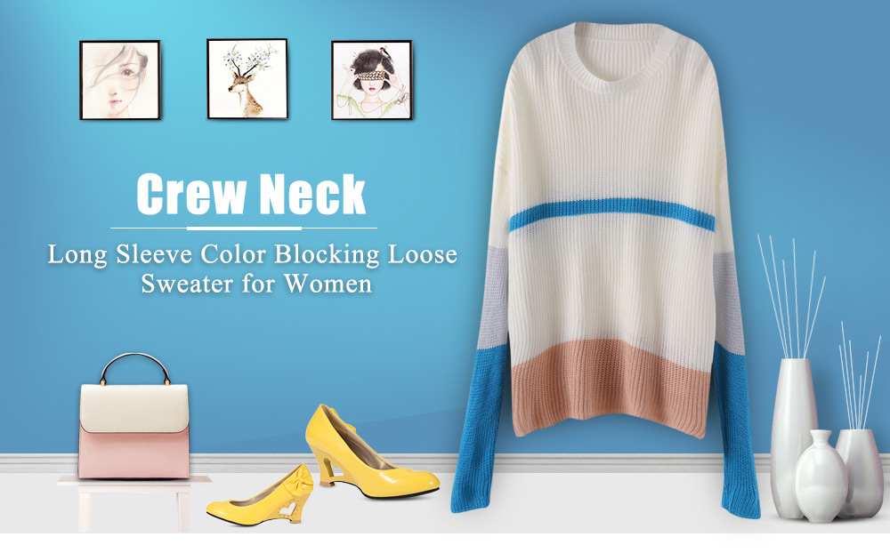 Crew Neck Long Sleeve Color Blocking Loose Knit Women Pullover Sweater