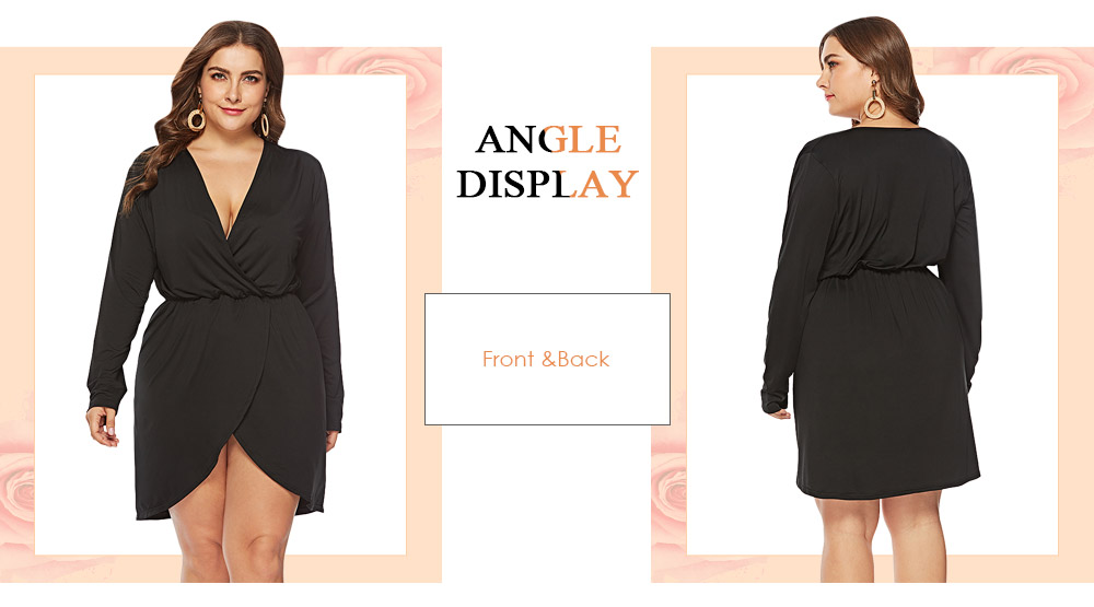Plunge Neck Long Sleeve Solid Color High-low Plus Size Women Dress