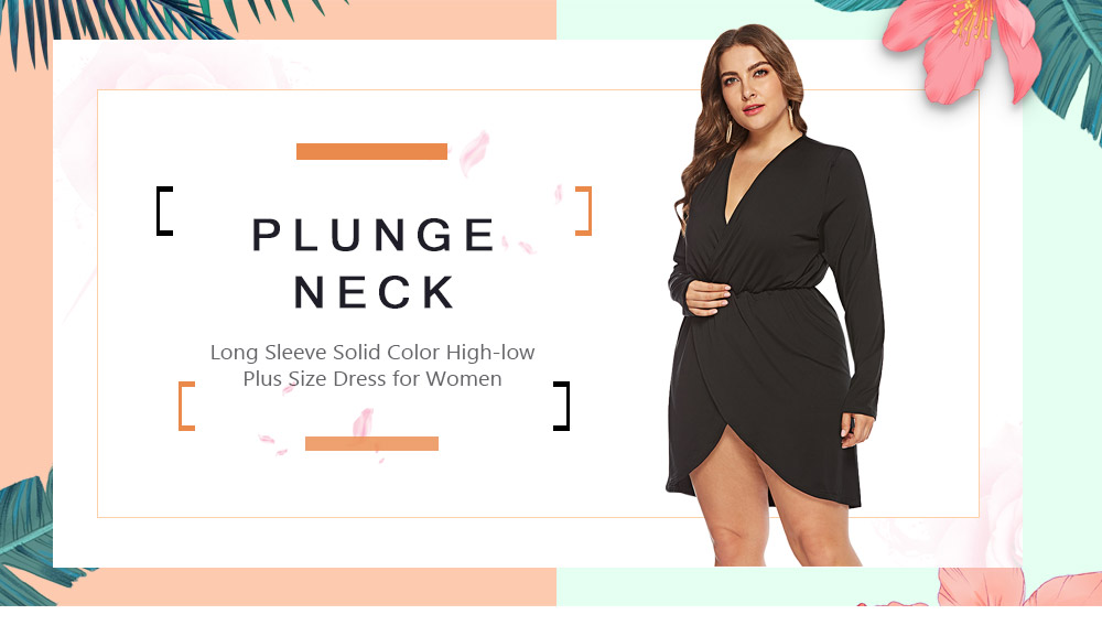 Plunge Neck Long Sleeve Solid Color High-low Plus Size Women Dress