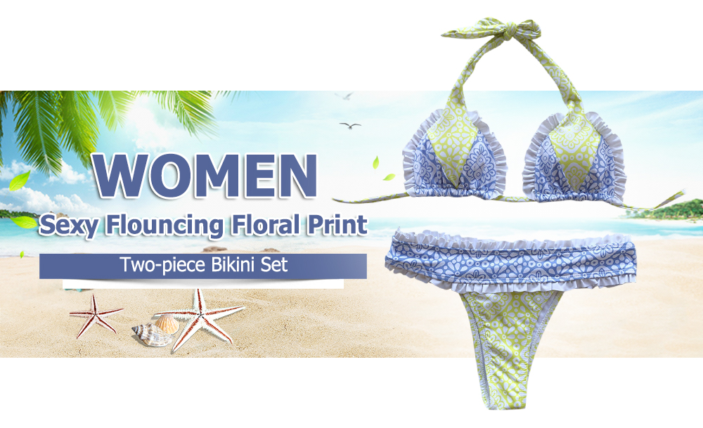 Women Sexy Flouncing Floral Print Lady Swimsuit Two-piece Bikini Set