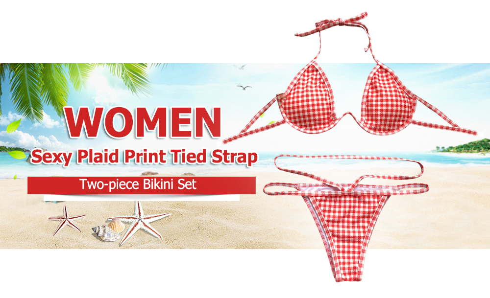 Women Sexy Plaid Print Tied Strap Lady Swimsuit Two-piece Bikini Set