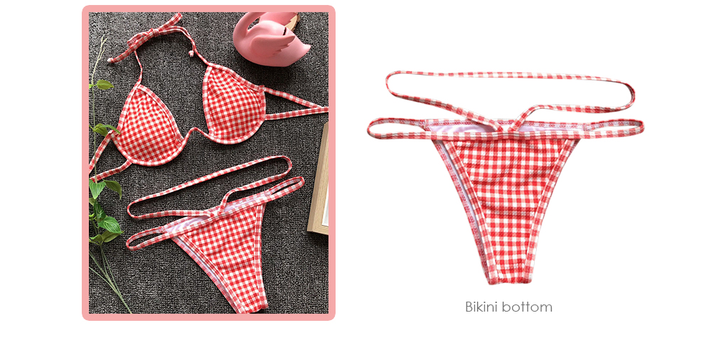 Women Sexy Plaid Print Tied Strap Lady Swimsuit Two-piece Bikini Set