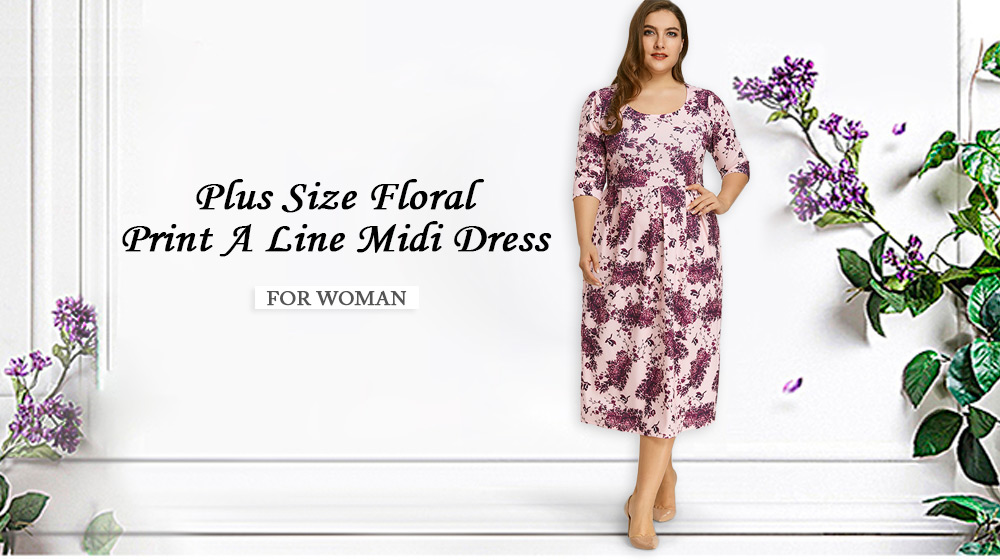 Plus Size Floral Print A Line Midi Dress