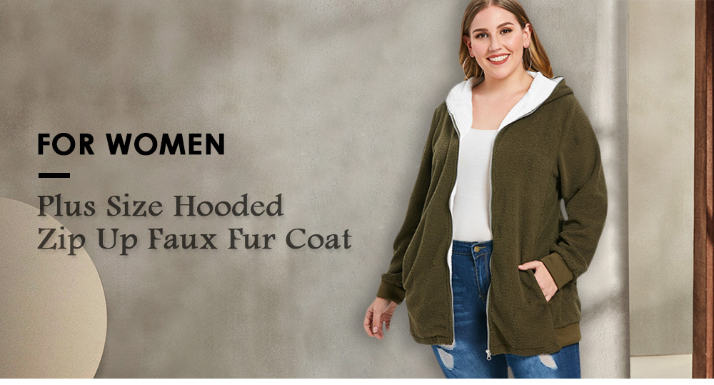 Plus Size Hooded Zip Up Faux Fur Coat