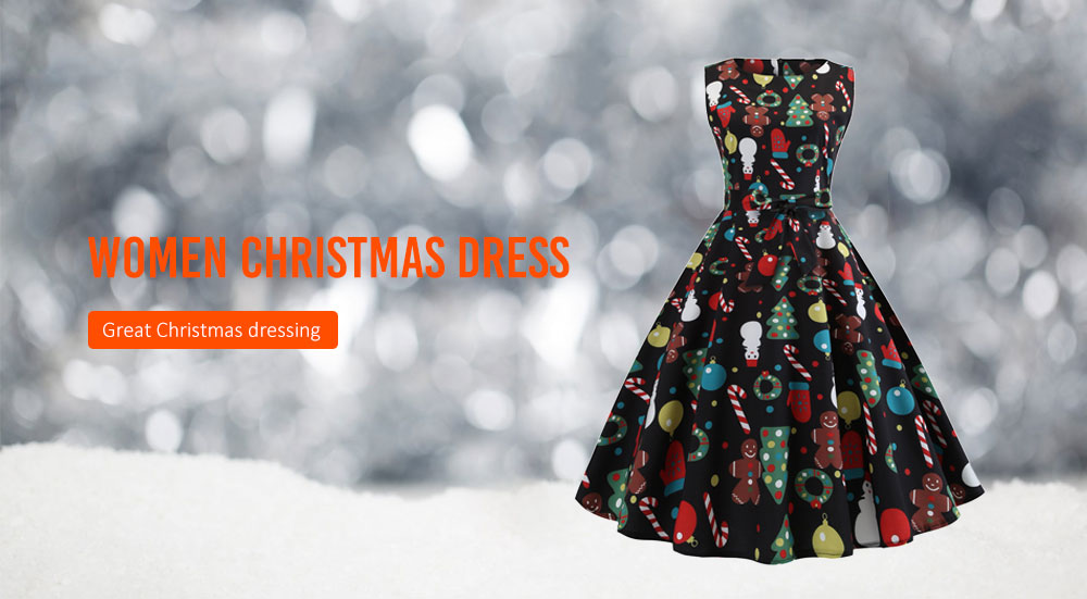 Fashion Lovely Women Christmas Print Criss Gown Evening Party Dress