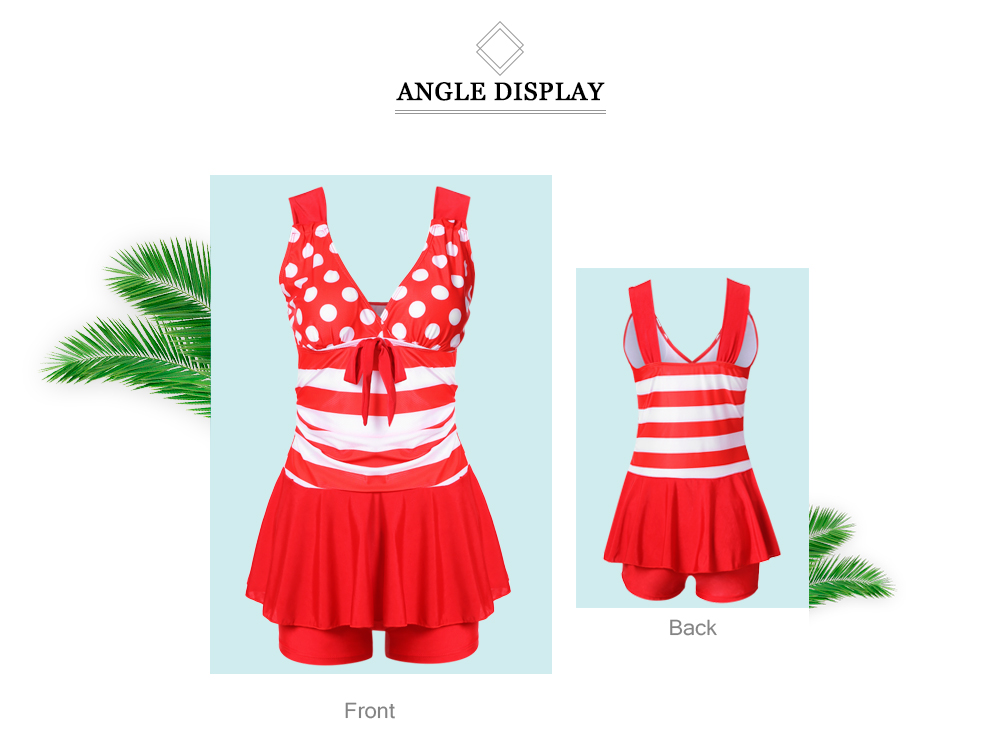 Plunge Neck Backless Padded Polka Dot Stripe Bowknot Swimsuit Mid Waist Women Tankini Set