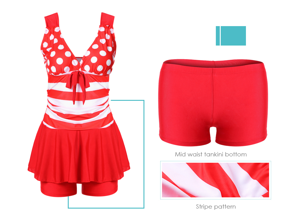 Plunge Neck Backless Padded Polka Dot Stripe Bowknot Swimsuit Mid Waist Women Tankini Set