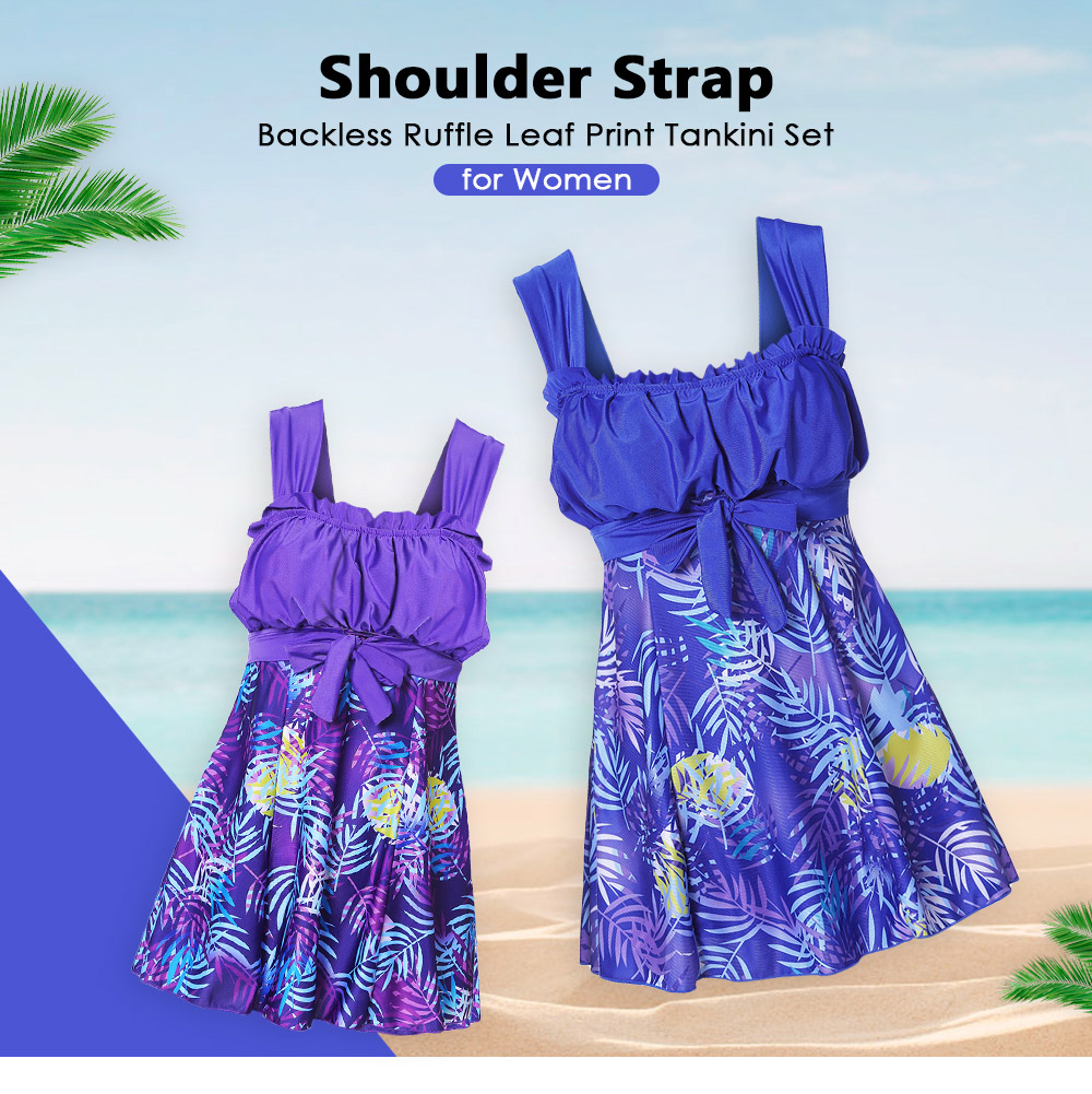 Shoulder Strap Backless Padded Ruffle Leaf Print Mid Waist Two Piece Women Tankini Set