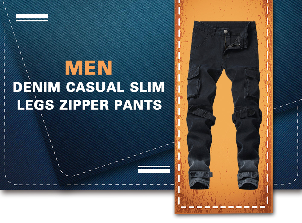 Men Denim Big Pocket Casual Slim Legs Zipper Pants