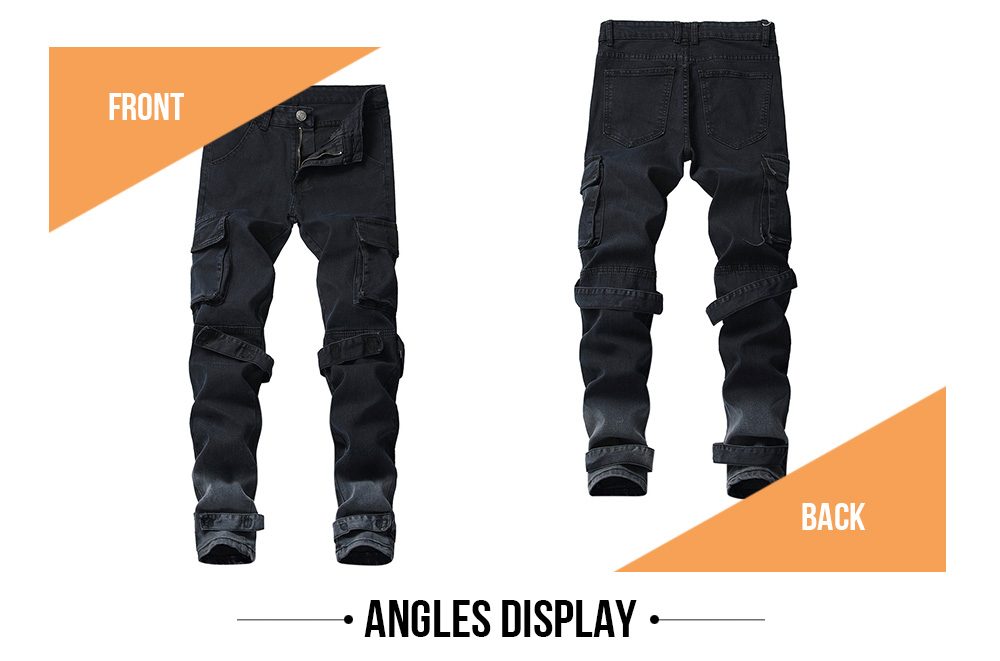 Men Denim Big Pocket Casual Slim Legs Zipper Pants