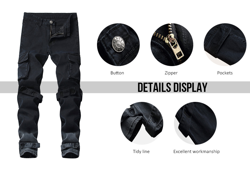 Men Denim Big Pocket Casual Slim Legs Zipper Pants