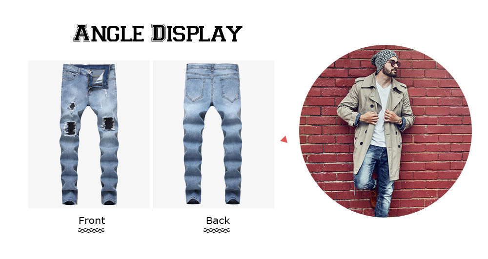 Mid Waist Large Holes Denim Pants Slim Fit Straight Leg Men Jeans