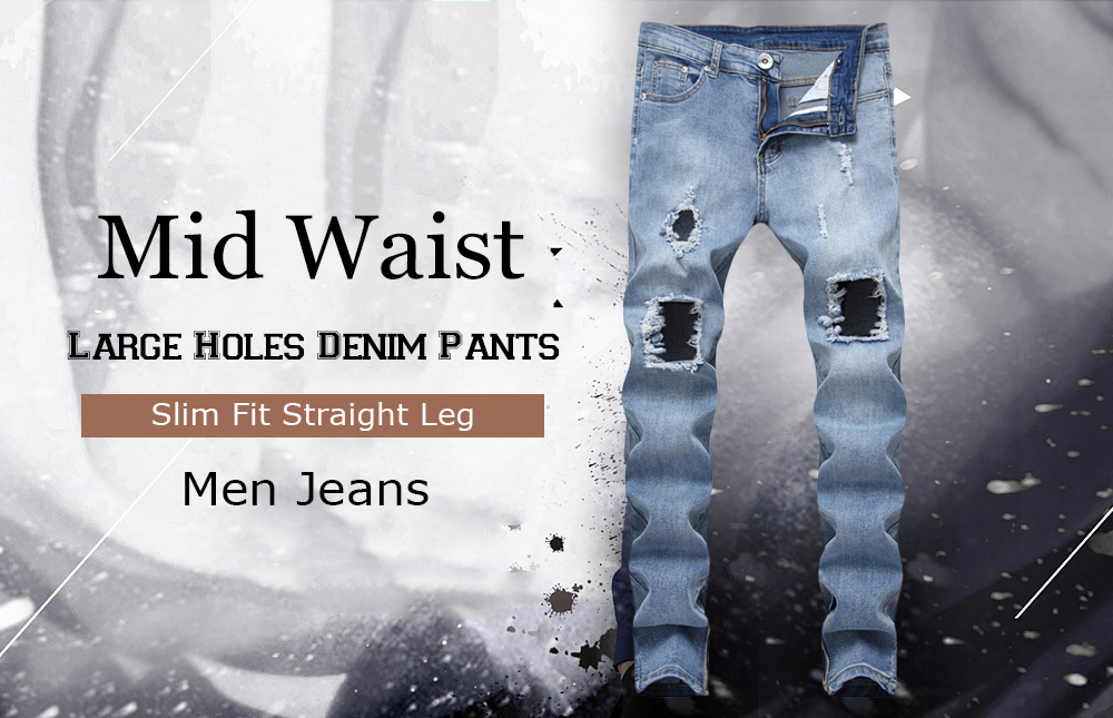 Mid Waist Large Holes Denim Pants Slim Fit Straight Leg Men Jeans