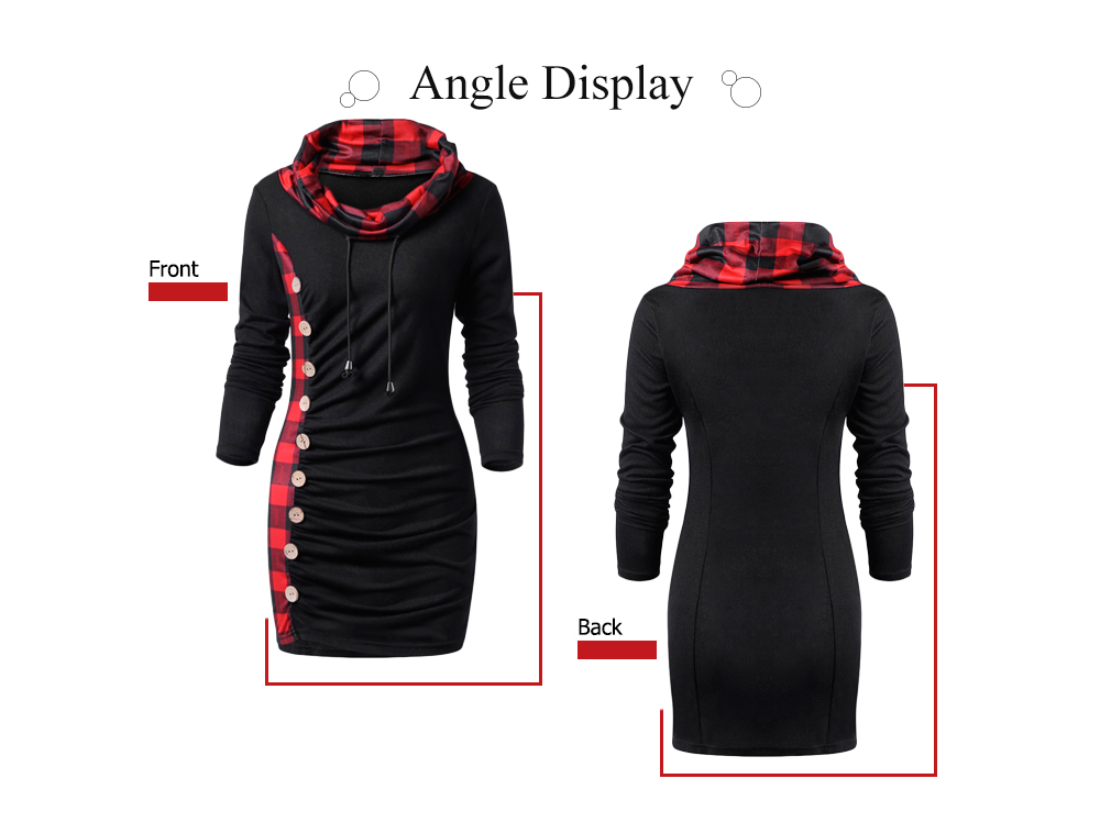 Funnel Collar Long Sleeve Spliced Plaid Print Button Bodycon Women Mini Dress