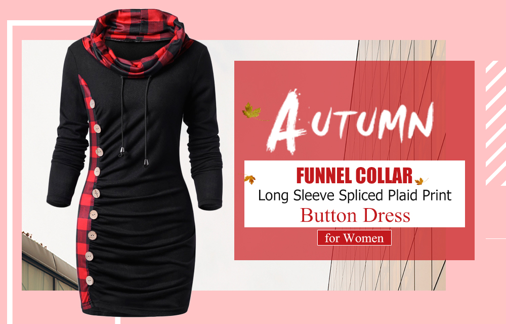 Funnel Collar Long Sleeve Spliced Plaid Print Button Bodycon Women Mini Dress