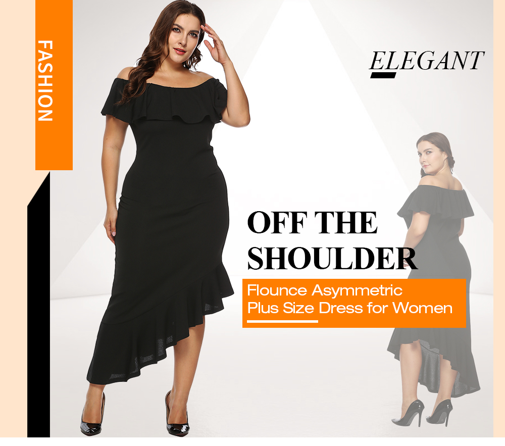 Off The Shoulder Flounce Ruffle Asymmetric Solid Color Plus Size Women Bodycon Dress