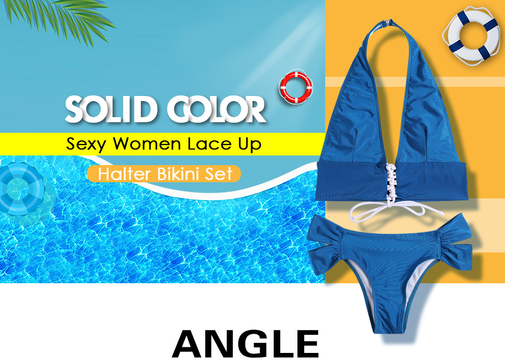 Solid Color Sexy Women Lace Up Swimwear Halter Bikini Set Bathing Suit