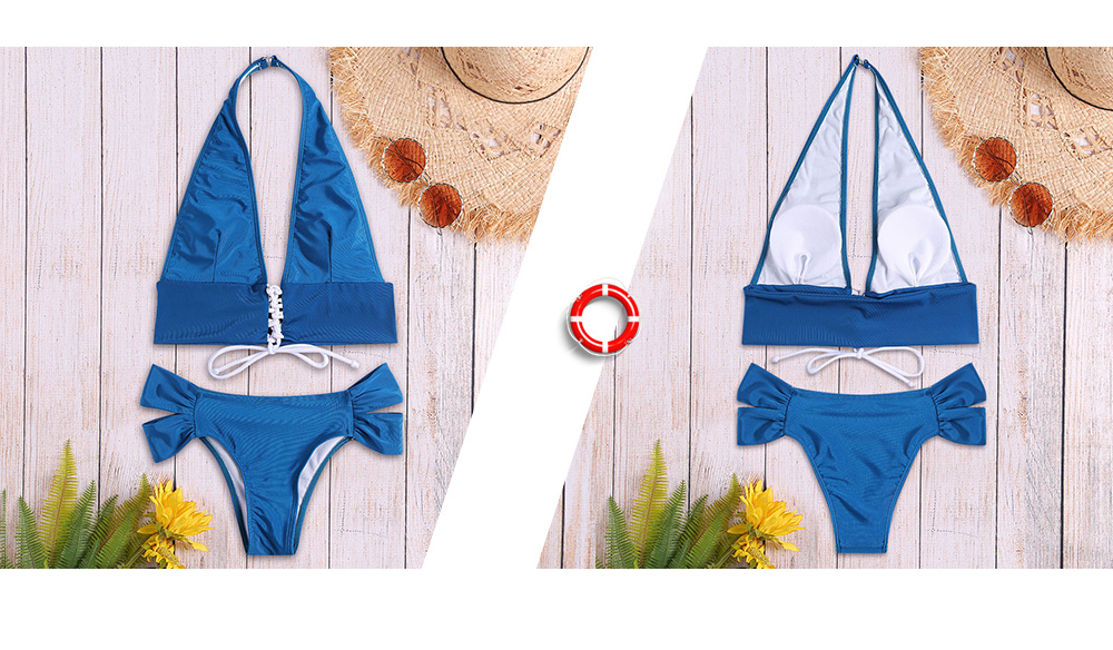 Solid Color Sexy Women Lace Up Swimwear Halter Bikini Set Bathing Suit