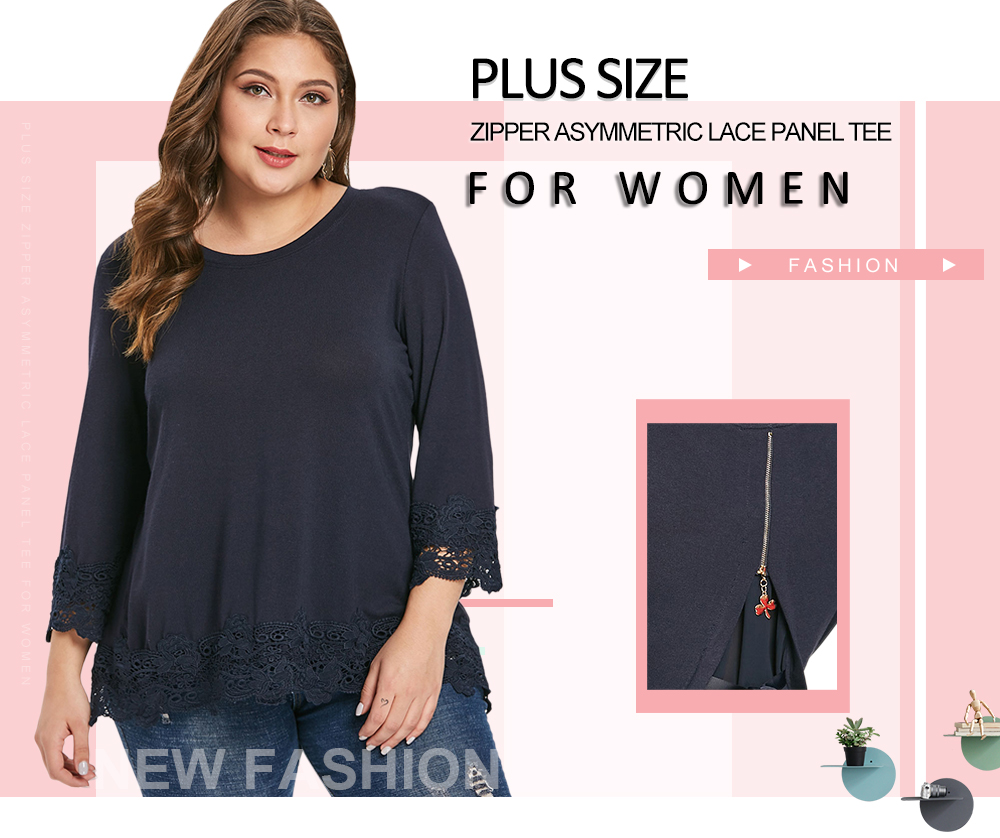 Plus Size Asymmetric Lace Panel Tee with Zipper