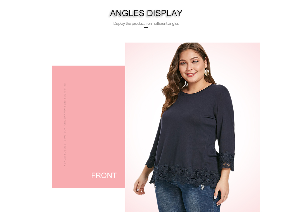 Plus Size Asymmetric Lace Panel Tee with Zipper