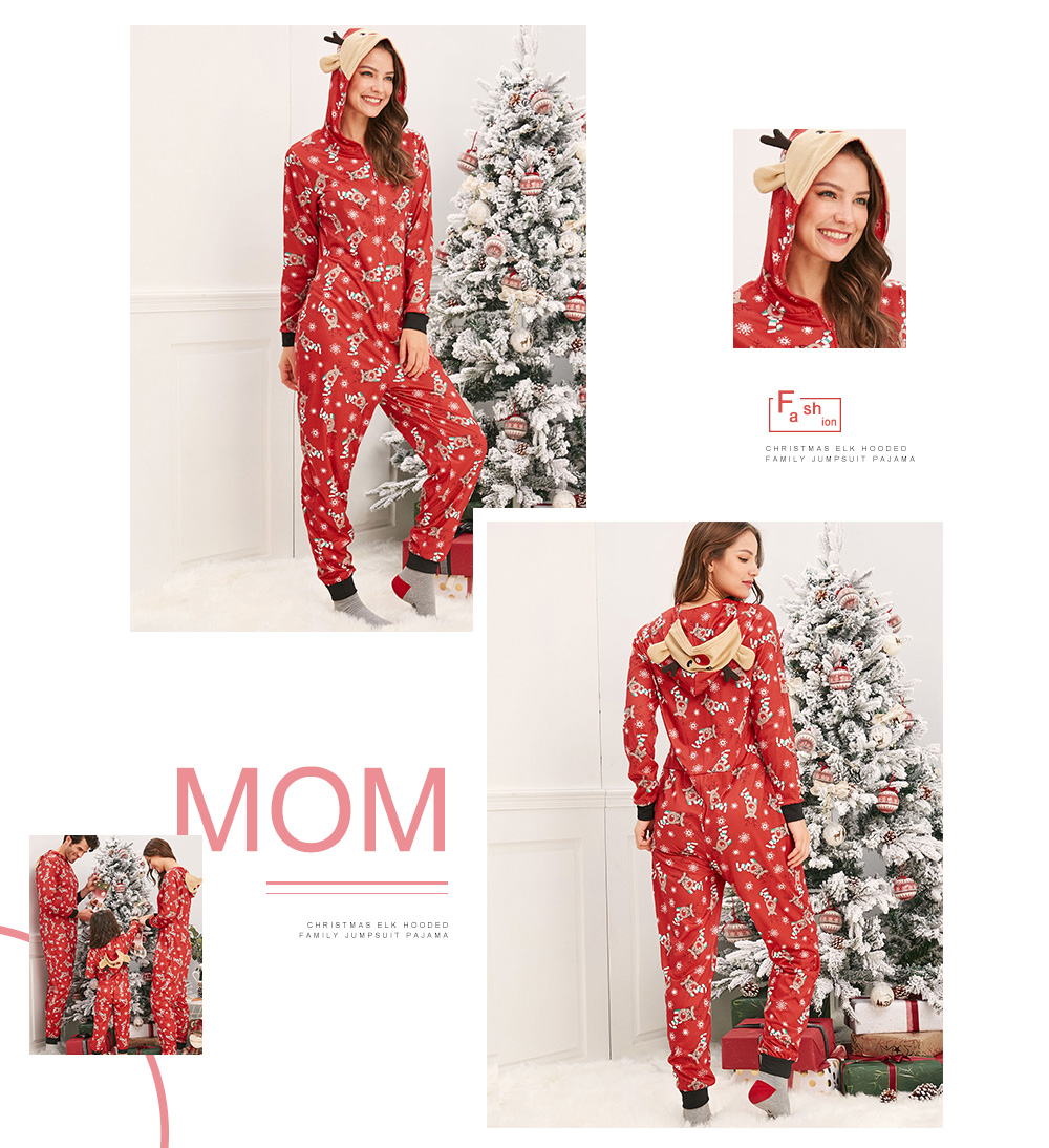 Family Christmas Elk Hooded Jumpsuit Pajama