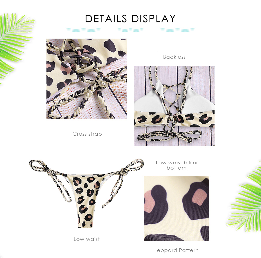 Leopard Pattern Cross Braid Strap Backless Women Bikini 2 Pieces Swimwear