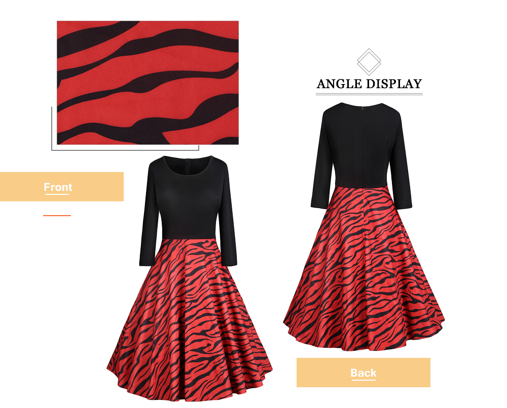 Round Collar Long Sleeve Tiger Stripe Print A-line Women Vintage Dress