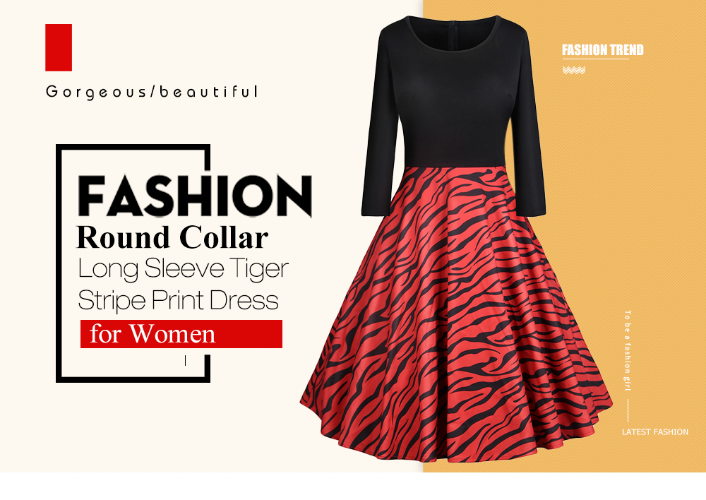 Round Collar Long Sleeve Tiger Stripe Print A-line Women Vintage Dress