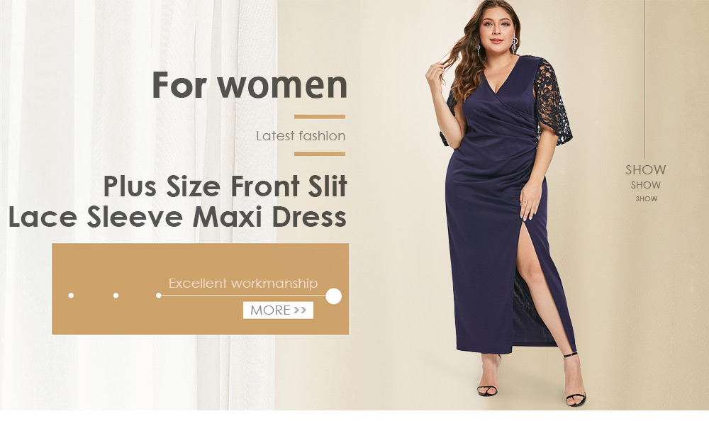 Plus Size Front Slit Lace Sleeve Maxi Dress