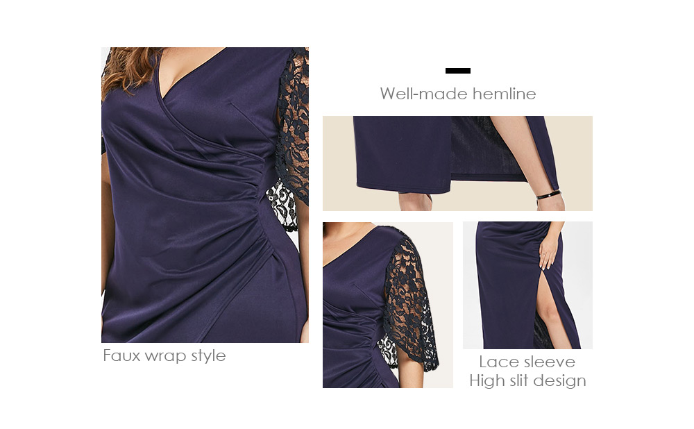 Plus Size Front Slit Lace Sleeve Maxi Dress